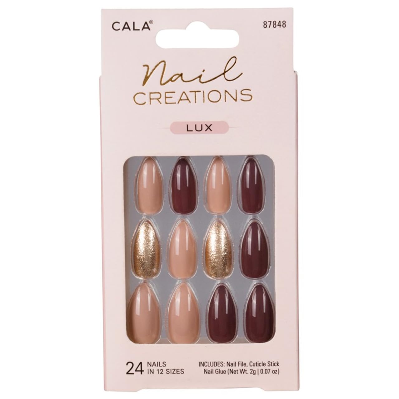 Cala Lux Warm Brown Press-On Nails forWomen, Stiletto Shape, 24 Pieces (2 Sets), Glossy Finish, Plastic/Acrylic Materia
