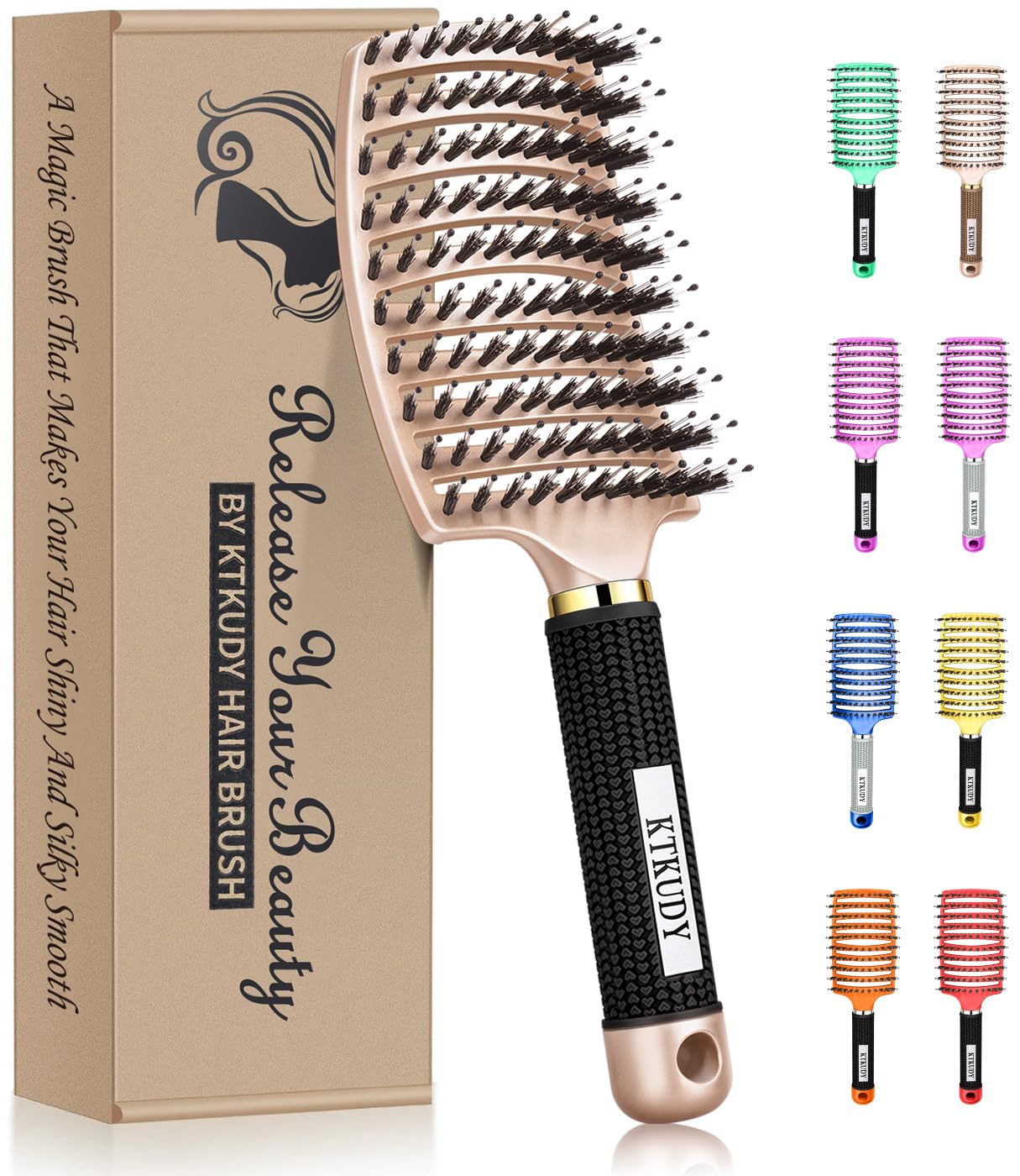 KTKUDY Boar Bristles Detangling Brush for Women Men Kids - Wet & Dry Hair Vented Detangler Brush Getting Knots Out witho