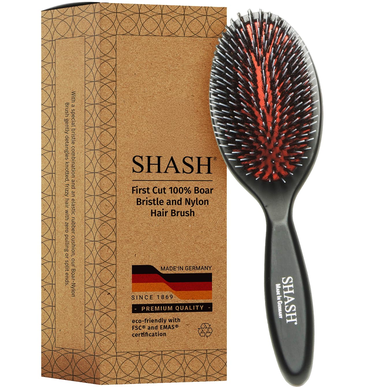 Since 1869 Hand Made In Germany 100% First Cut Boar Bristle Nylon Brush For Normal to Thick Hair - Gently Detangles, No